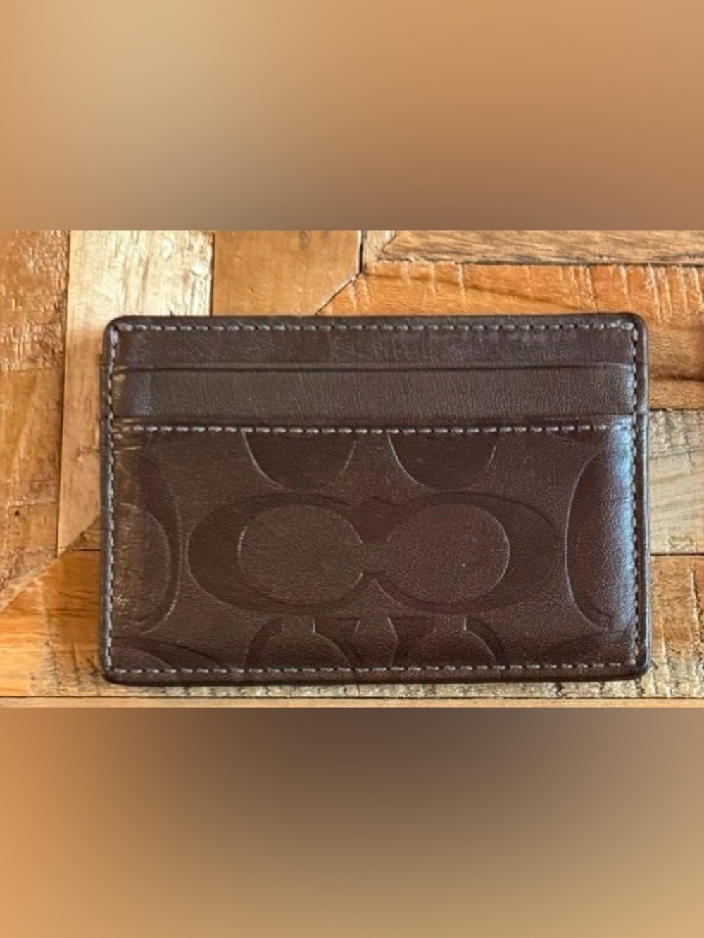 Coach Signature Embossed Brown Leather Card Case